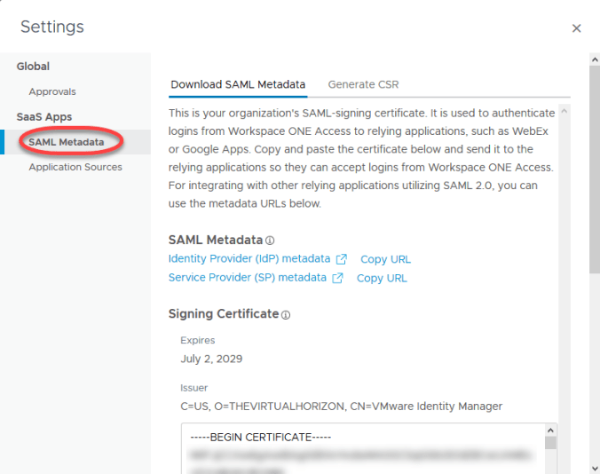 7b. idp metadata WS1 Catalog Settings idp