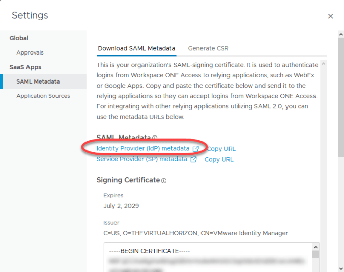 7c. idp metadata WS1 Catalog Settings idp